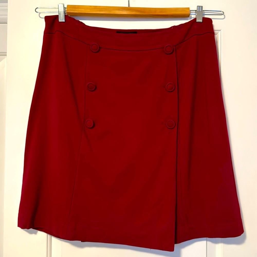 Talbots burgundy faux wrap skirt with fabric buttons